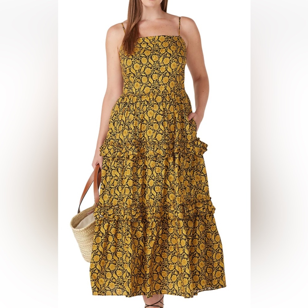 NICHOLAS Yellow and Black Floral Midi Dress